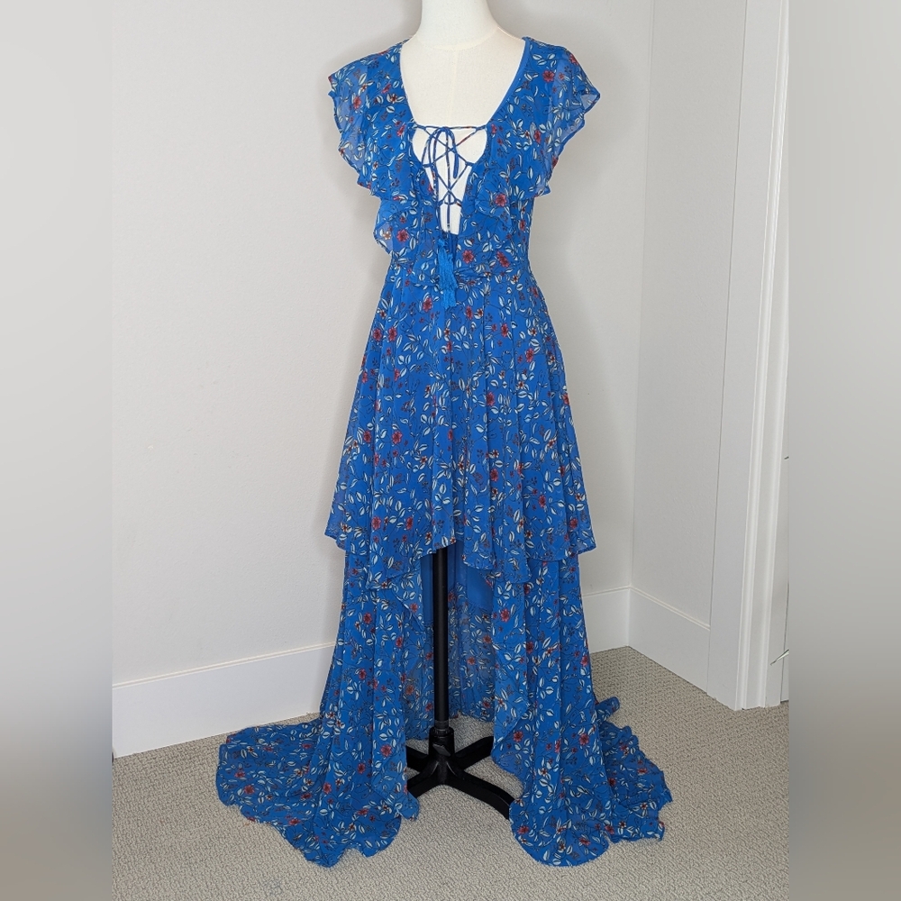 Lulu's Floral Ruffle Hi-Lo Dress Size XS Blue Vacation - Picture 4 of 13